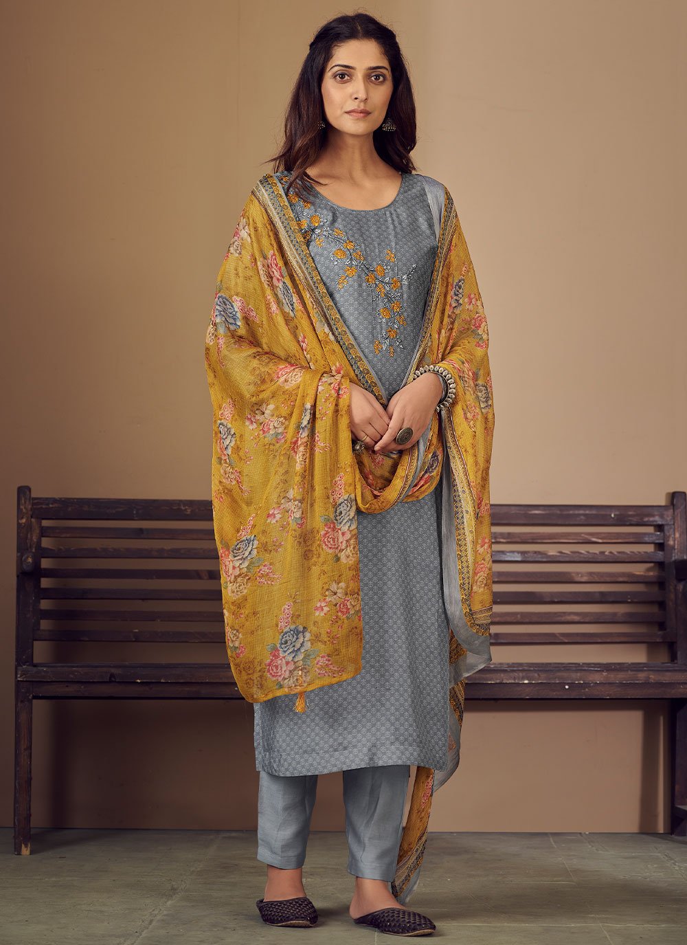 Salwar Suit Muslin Grey Embroidered Salwar Kameez