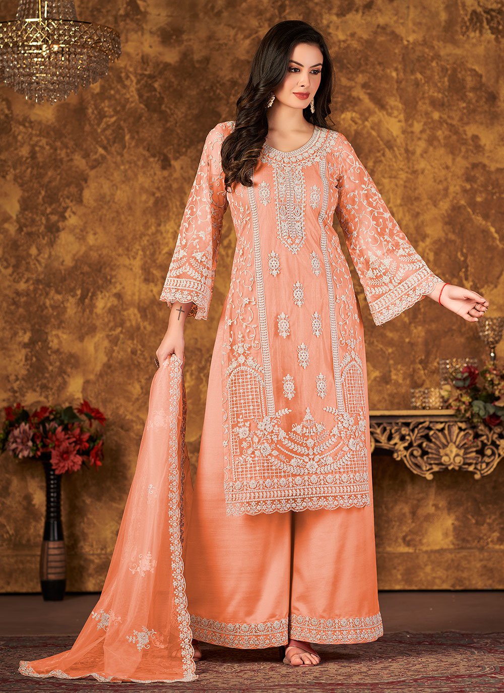 Salwar Suit Net Peach Embroidered Salwar Kameez