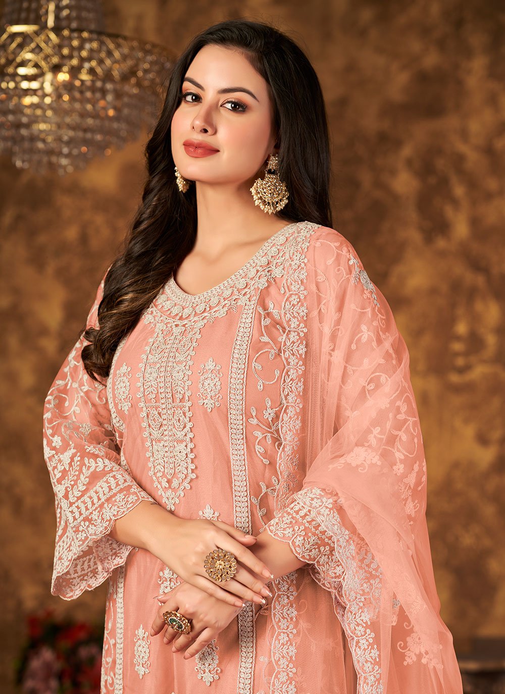 Salwar Suit Net Peach Embroidered Salwar Kameez