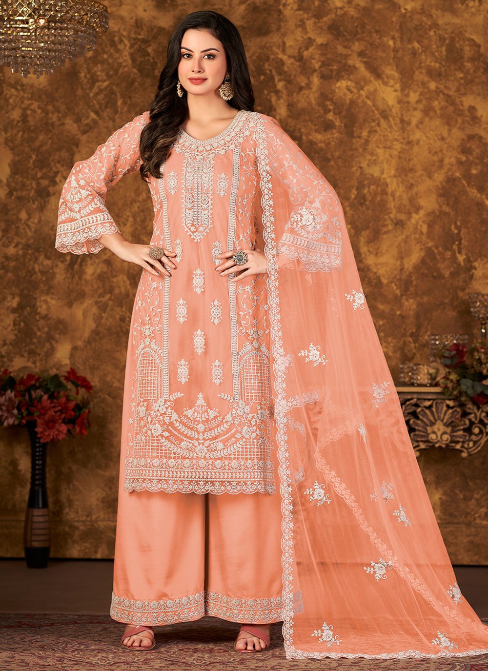 Salwar Suit Net Peach Embroidered Salwar Kameez