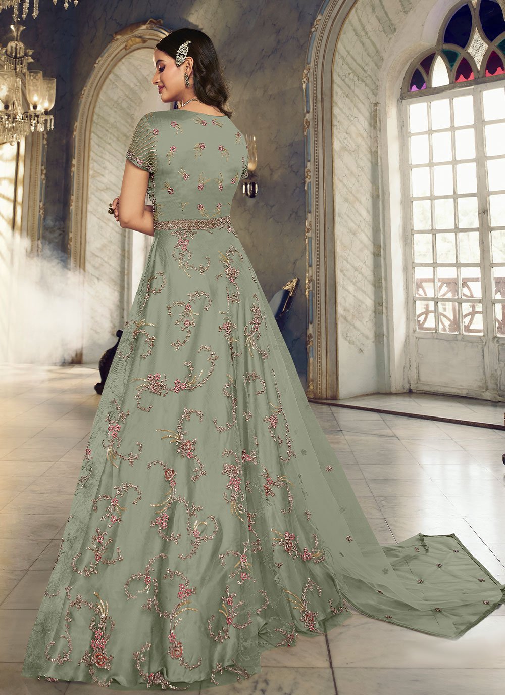 Salwar Suit Net Sea Green Embroidered Salwar Kameez