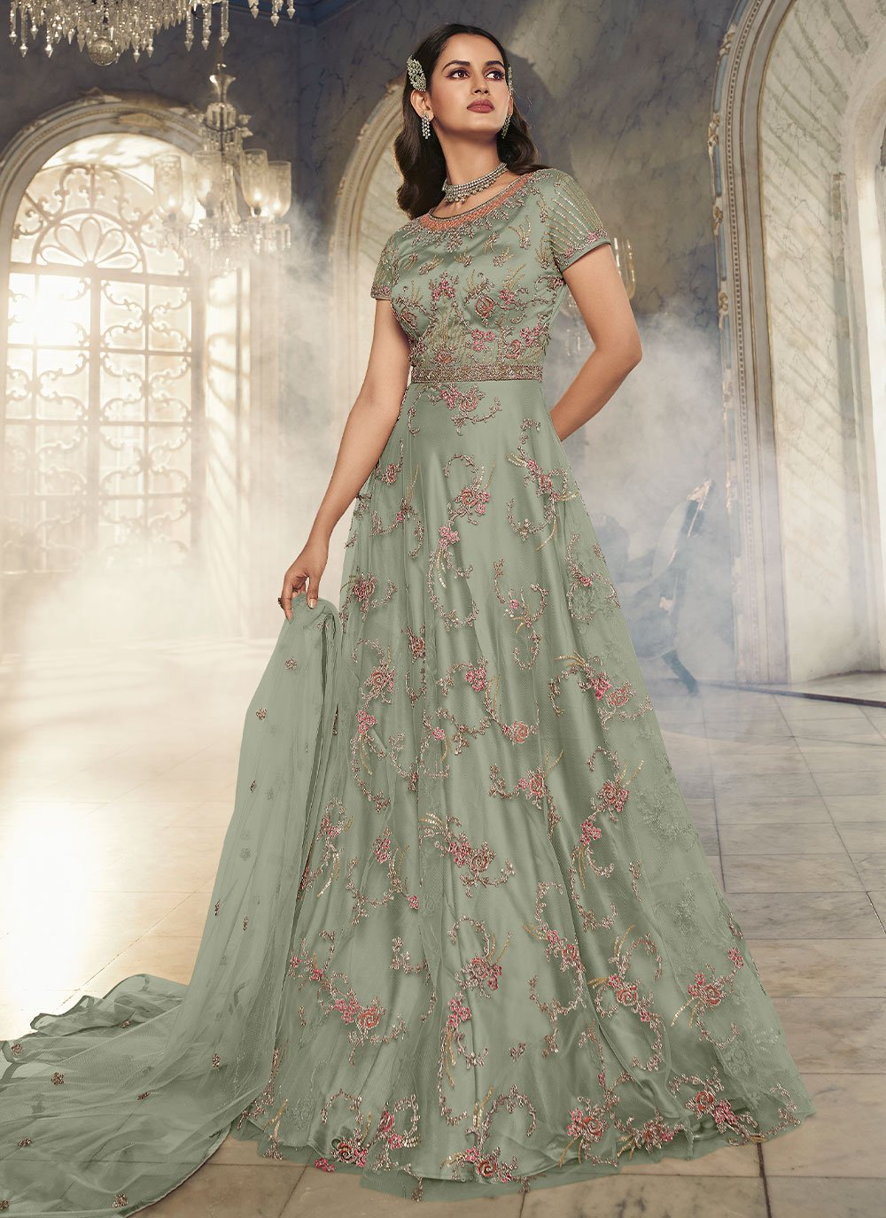 Salwar Suit Net Sea Green Embroidered Salwar Kameez