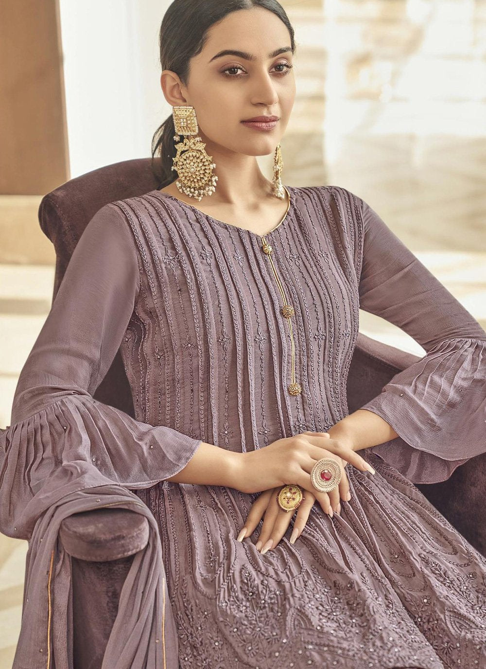 Salwar Suit Chinon Silk Lavender Embroidered Salwar Kameez