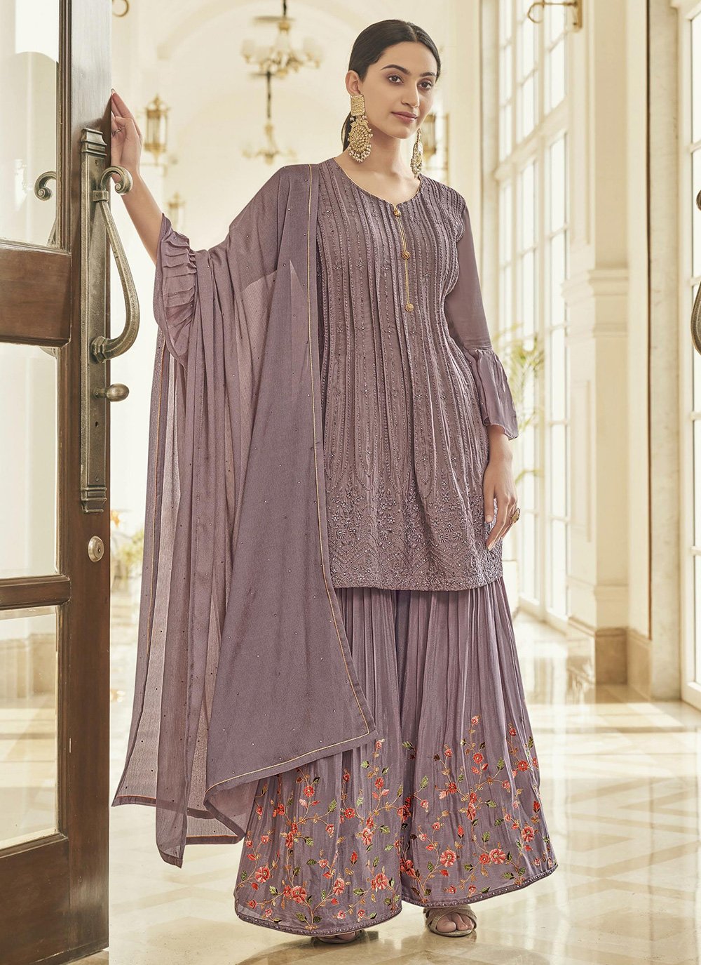 Salwar Suit Chinon Silk Lavender Embroidered Salwar Kameez