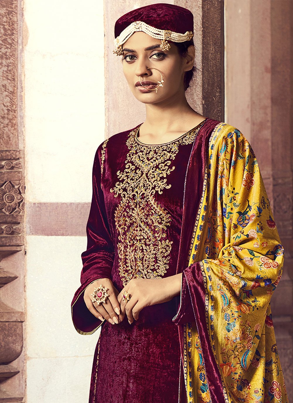 Salwar Suit Velvet Maroon Embroidered Salwar Kameez