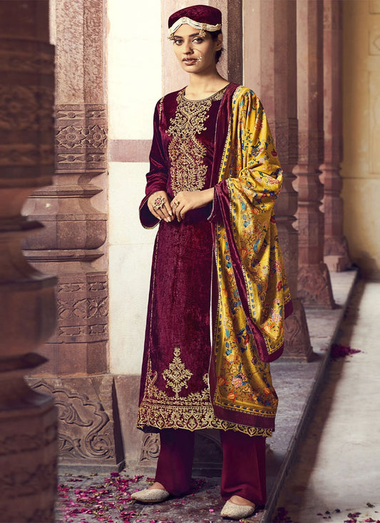 Salwar Suit Velvet Maroon Embroidered Salwar Kameez