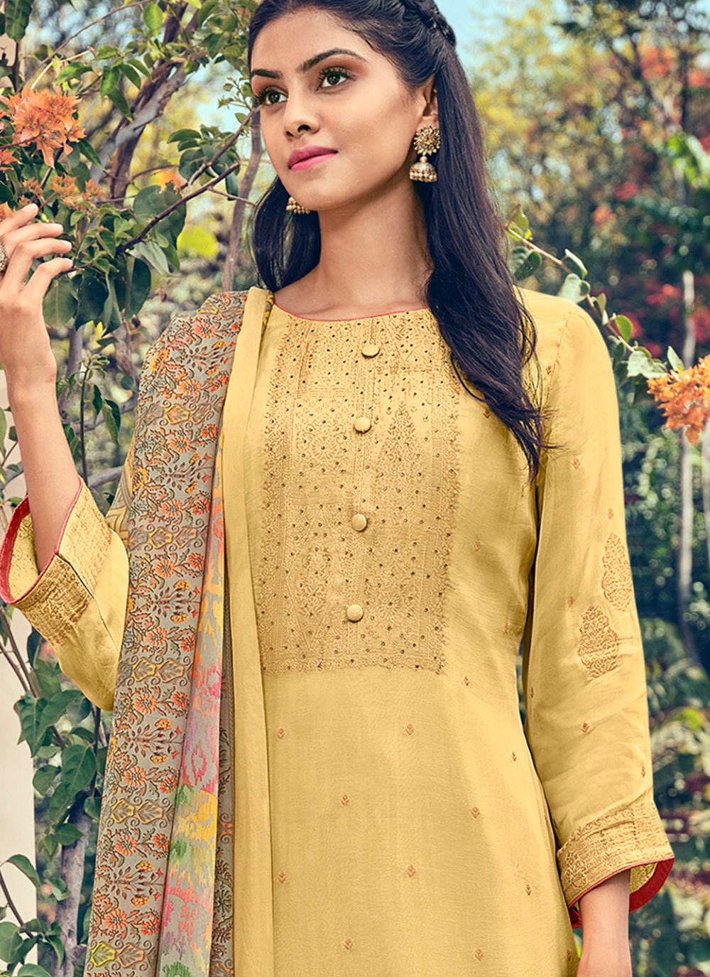 Salwar Suit Pure Silk Yellow Buttons Salwar Kameez