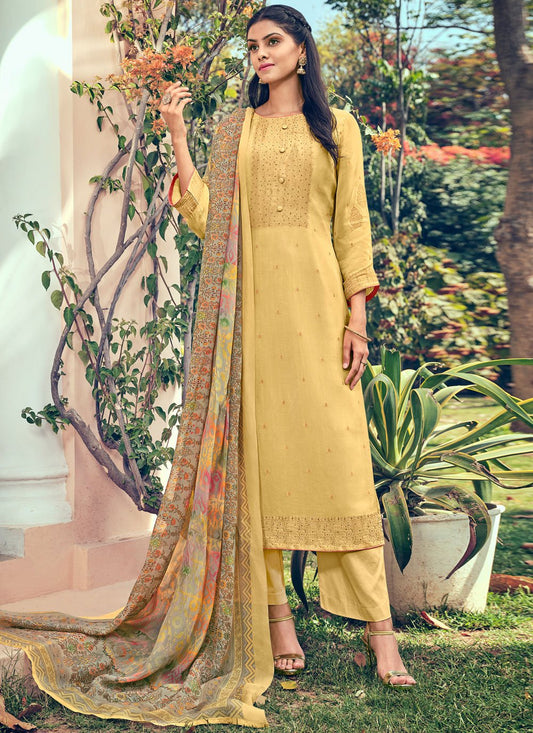 Salwar Suit Pure Silk Yellow Buttons Salwar Kameez