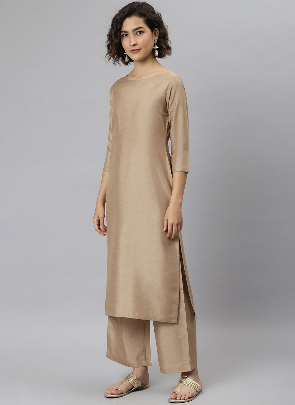 Salwar Suit Poly Silk Beige Plain Salwar Kameez
