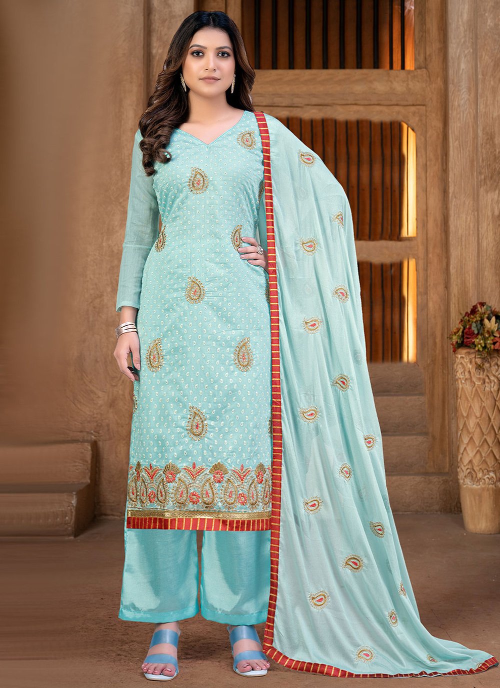 Salwar Suit Chanderi Blue Embroidered Salwar Kameez