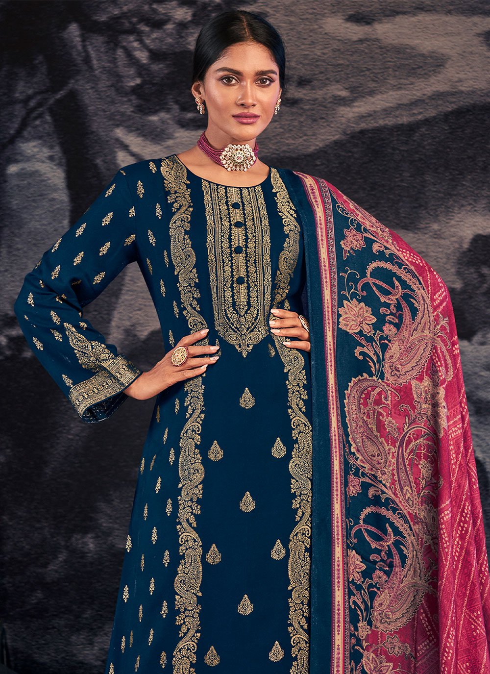 Salwar Suit Pashmina Blue Jacquard Work Salwar Kameez