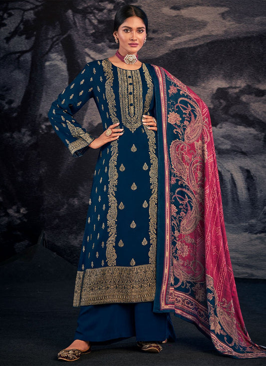 Salwar Suit Pashmina Blue Jacquard Work Salwar Kameez