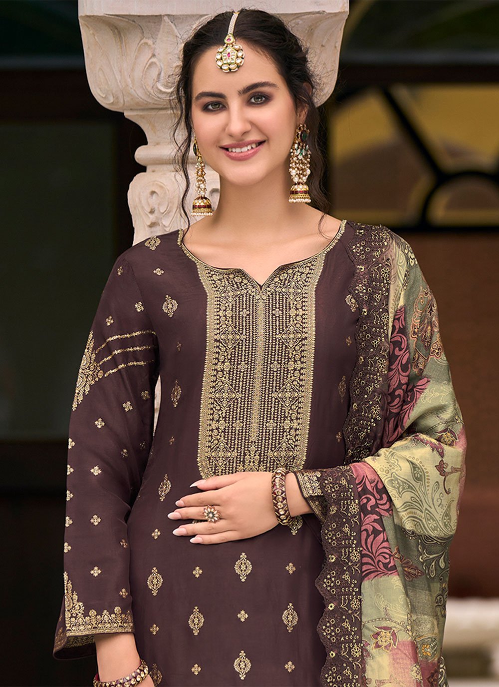 Salwar Suit Silk Brown Jacquard Work Salwar Kameez