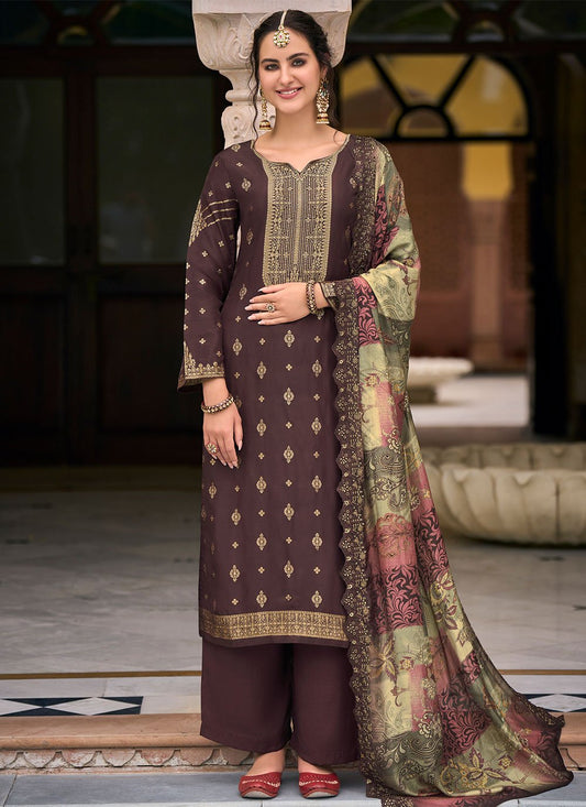 Salwar Suit Silk Brown Jacquard Work Salwar Kameez