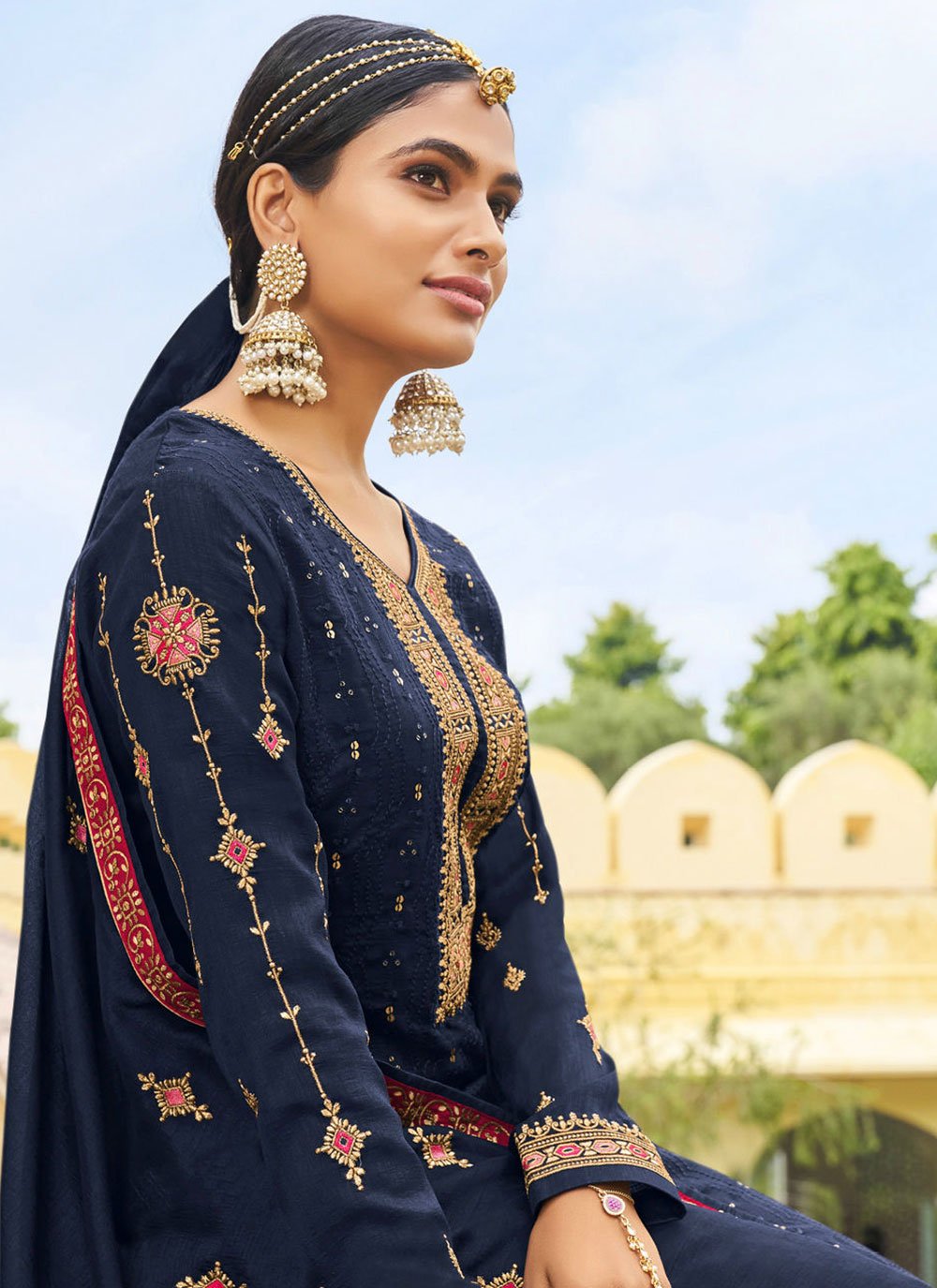 Salwar Suit Vichitra Silk Blue Embroidered Salwar Kameez