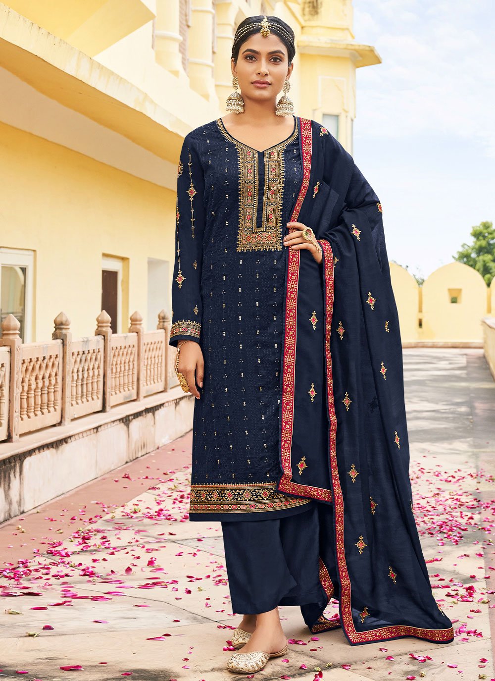 Salwar Suit Vichitra Silk Blue Embroidered Salwar Kameez