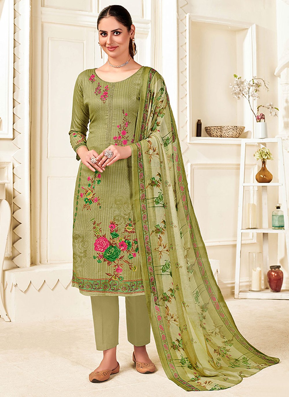 Salwar Suit Cotton Green Embroidered Salwar Kameez