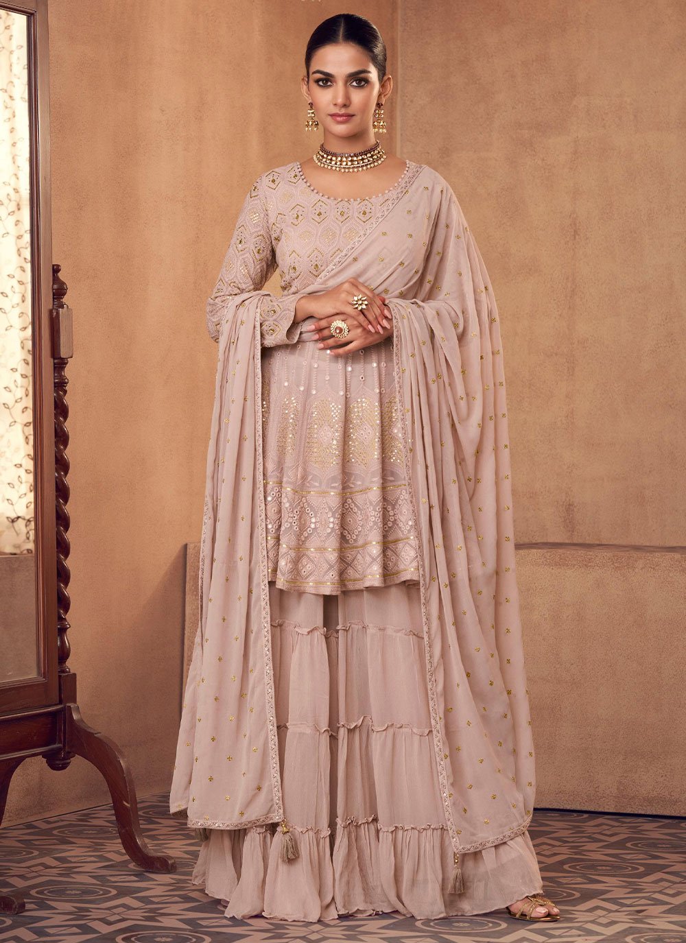 Salwar Suit Chinon Georgette Mauve Embroidered Salwar Kameez