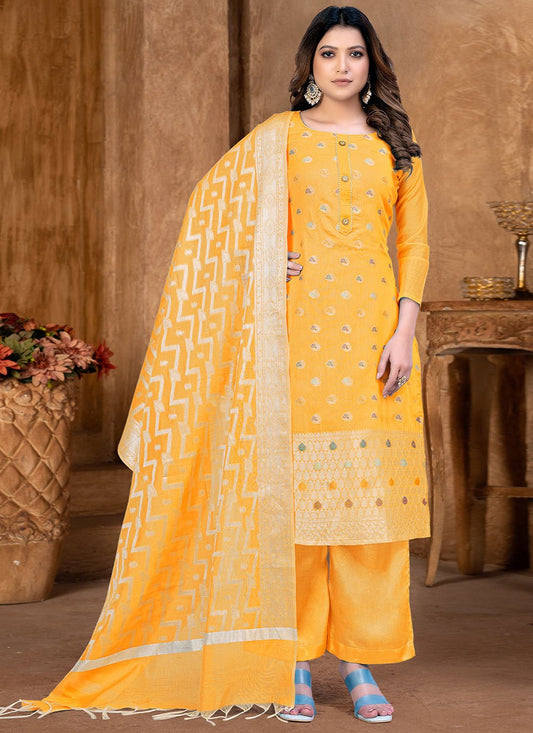 Salwar Suit Banarasi Jacquard Yellow Weaving Salwar Kameez