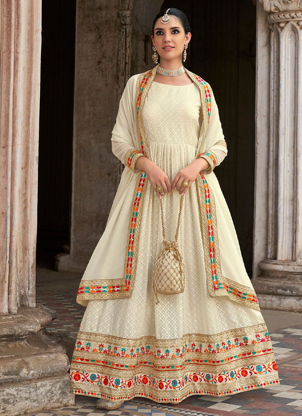 Salwar Suit Georgette Off White Embroidered Salwar Kameez