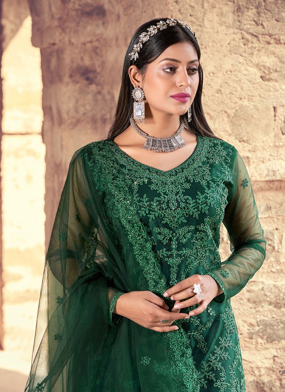 Salwar Suit Net Green Embroidered Salwar Kameez