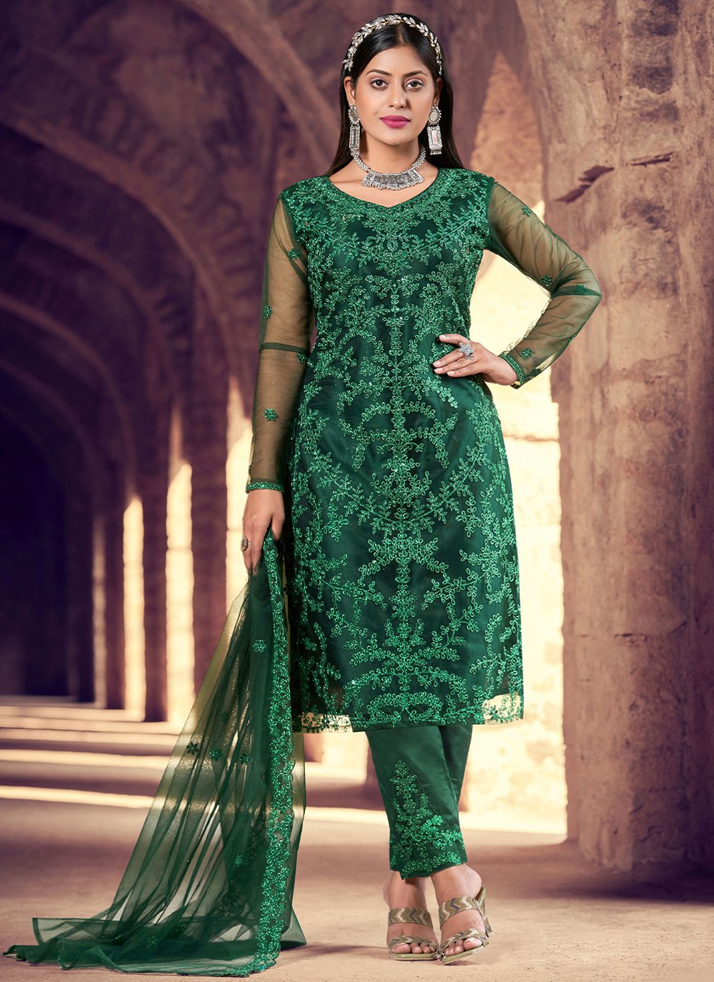 Salwar Suit Net Green Embroidered Salwar Kameez