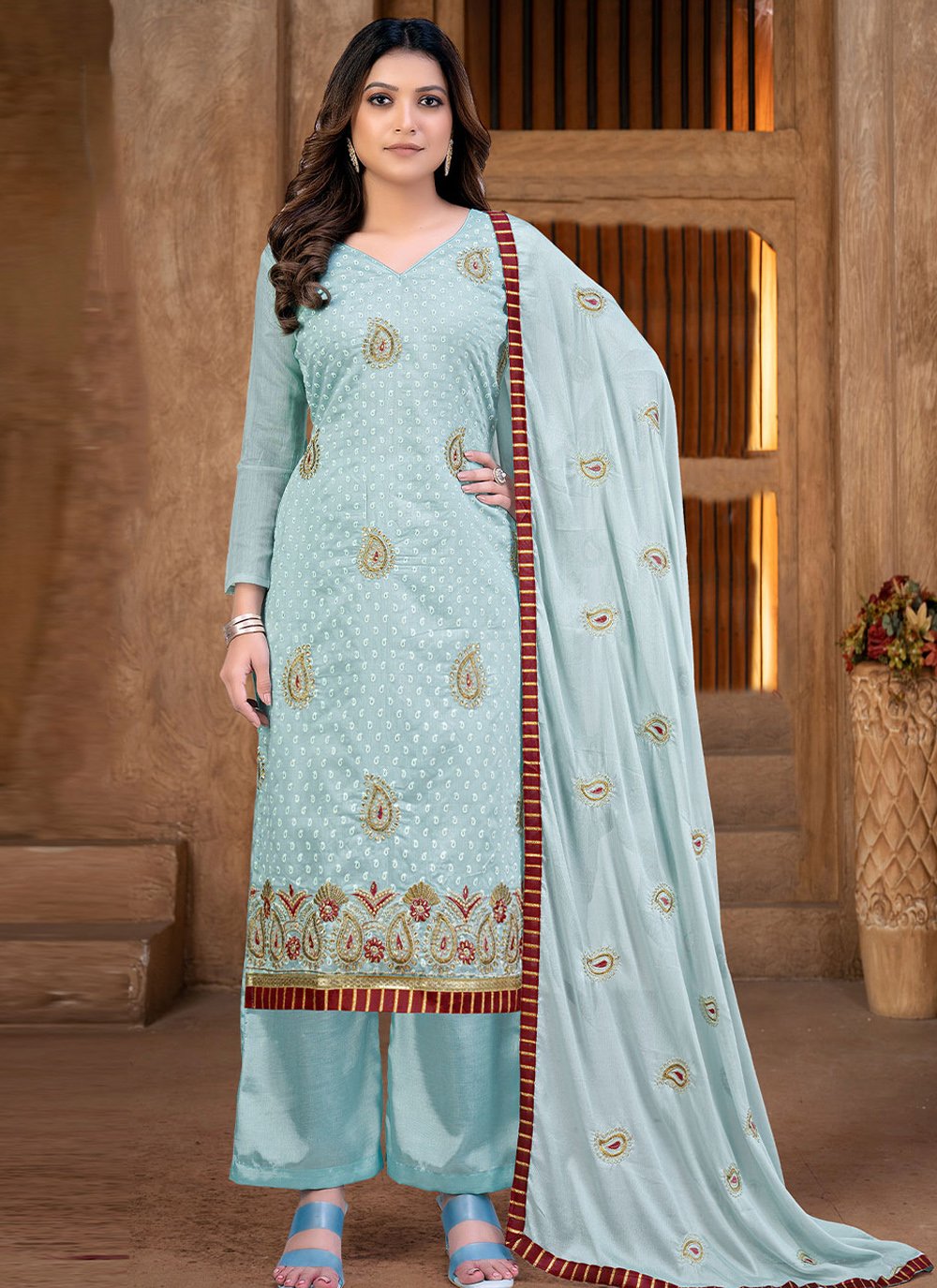 Salwar Suit Chanderi Blue Embroidered Salwar Kameez