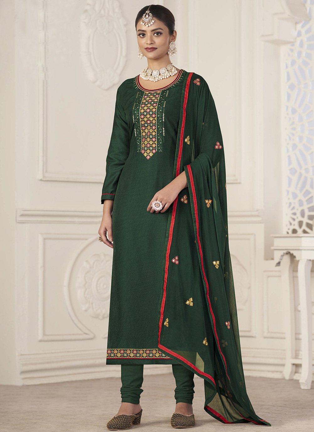 Salwar Suit Jacquard Green Embroidered Salwar Kameez
