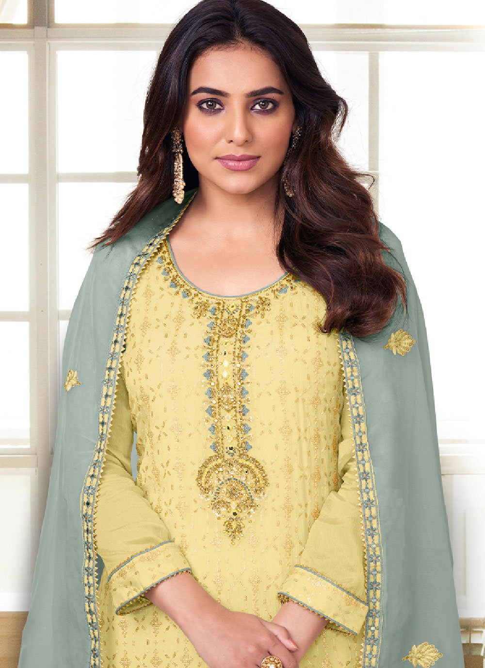 Salwar Suit Chinon Yellow Embroidered Salwar Kameez