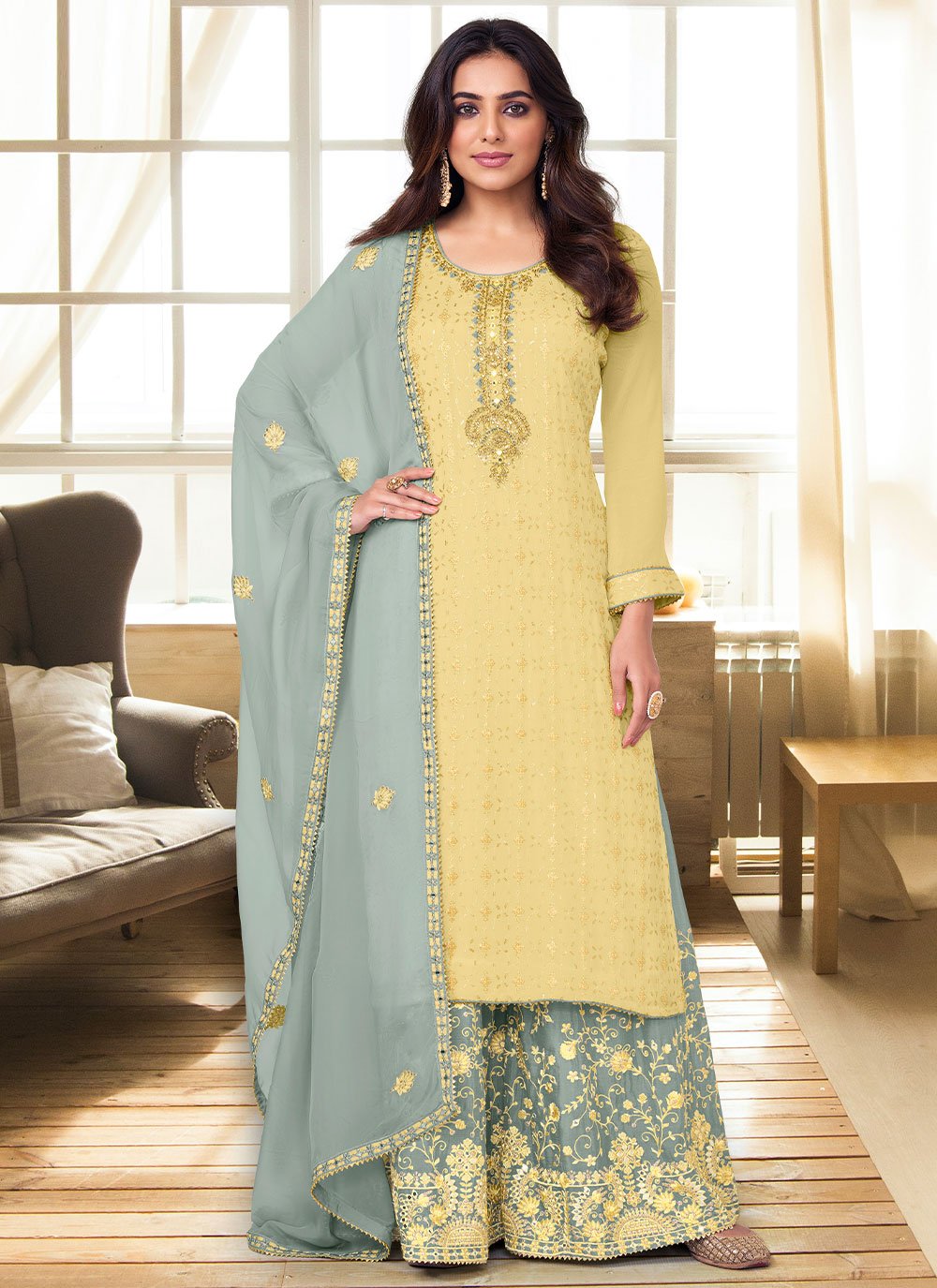 Salwar Suit Chinon Yellow Embroidered Salwar Kameez