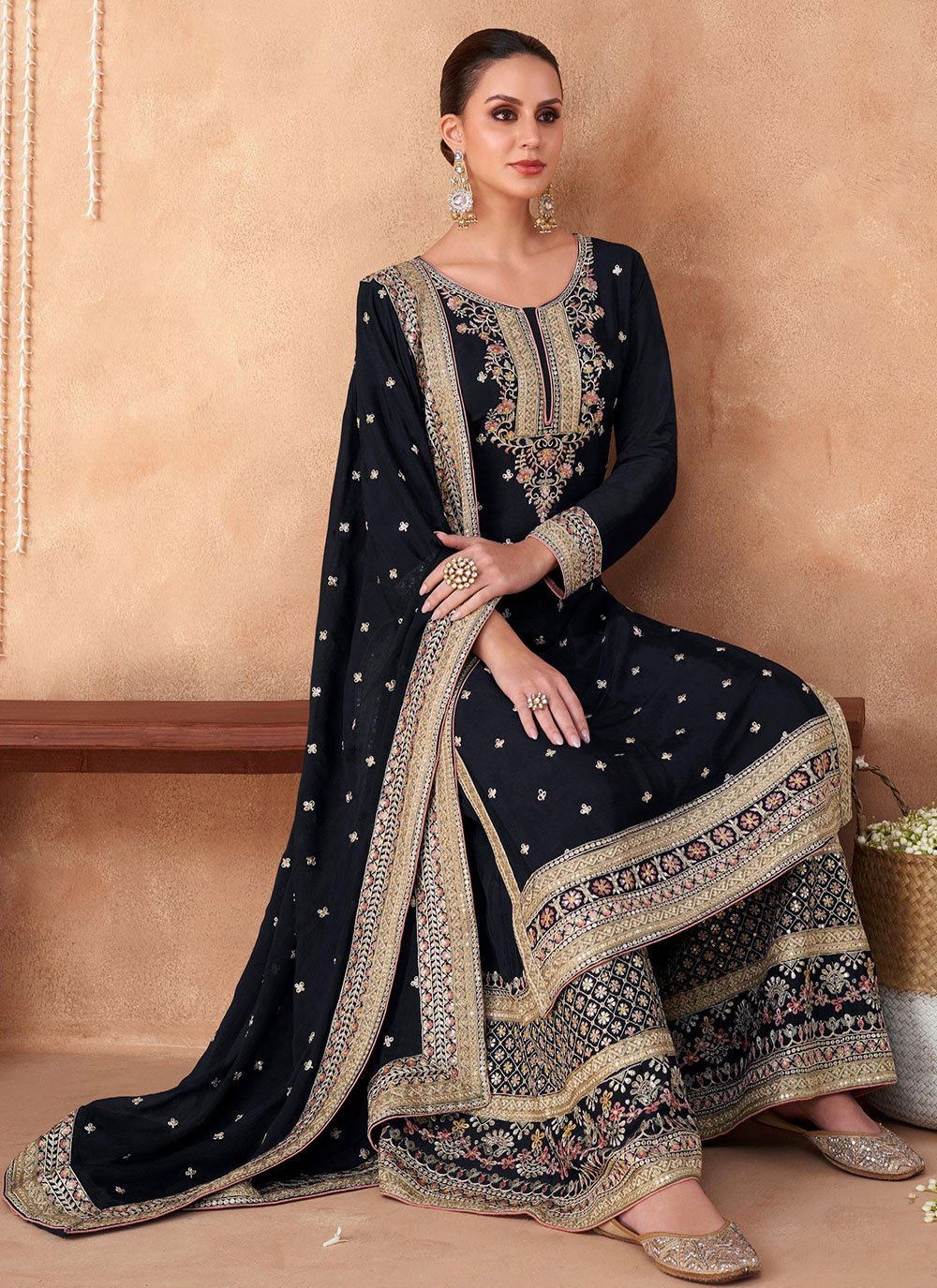 Salwar Suit Chinon Georgette Blue Embroidered Salwar Kameez