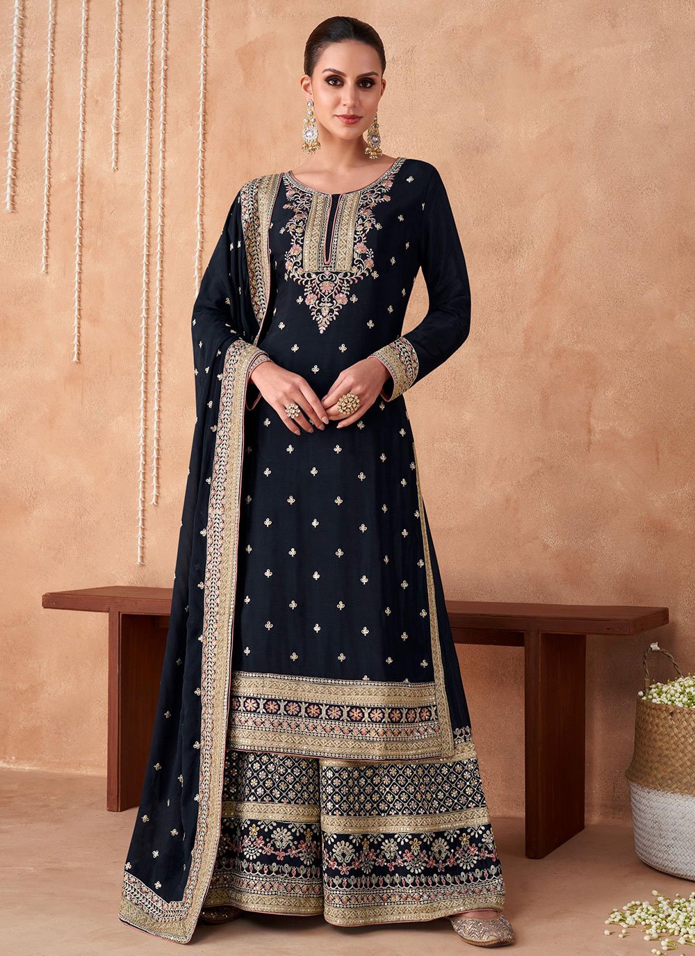 Salwar Suit Chinon Georgette Blue Embroidered Salwar Kameez