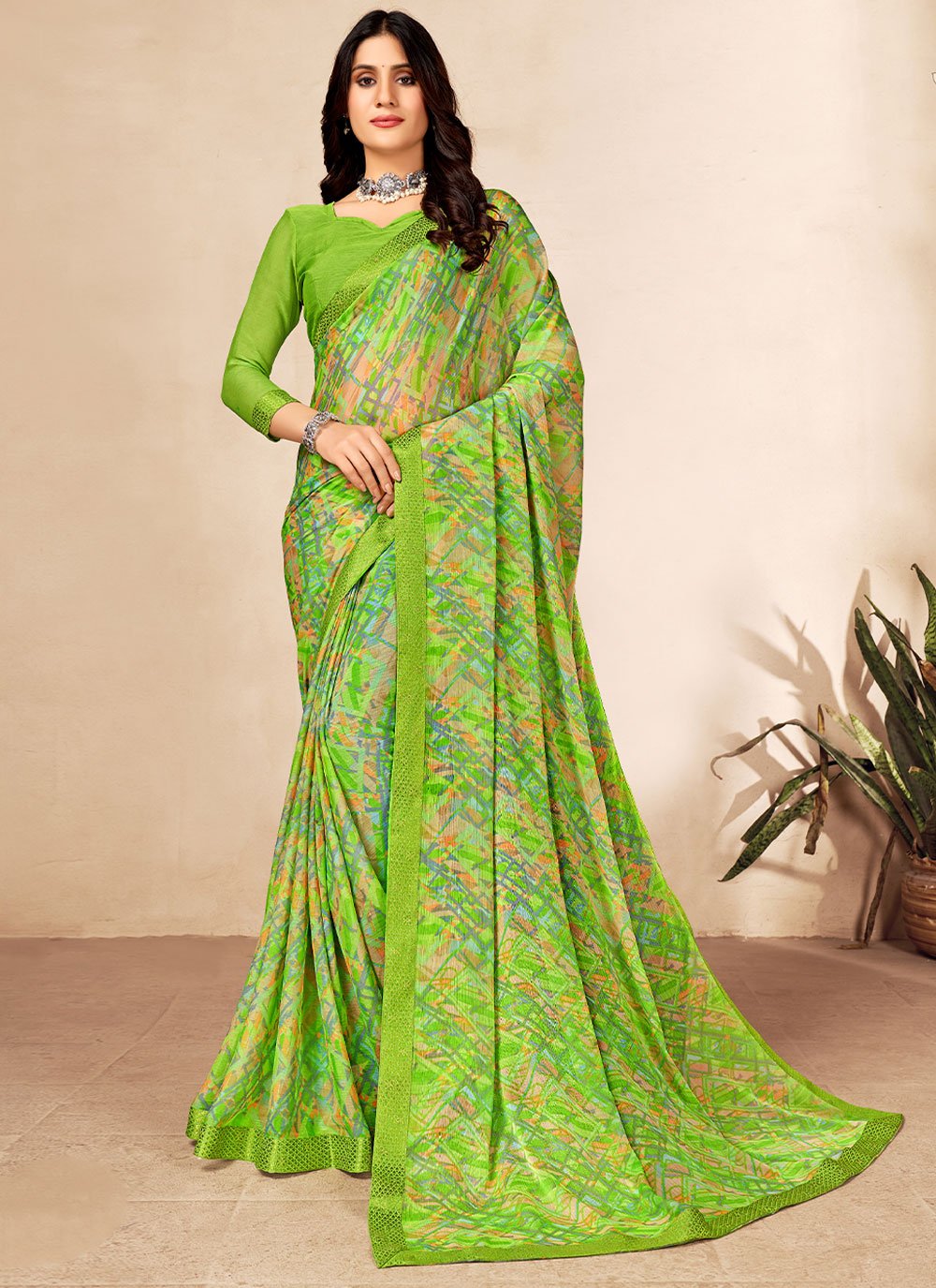 Trendy Saree Chiffon Green Patch Border Saree