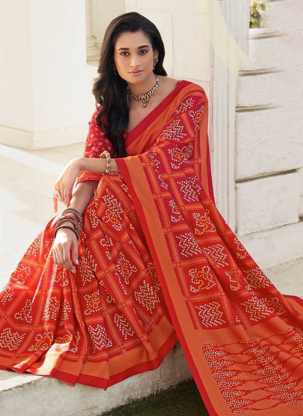 Classic Silk Orange Digital Print Saree