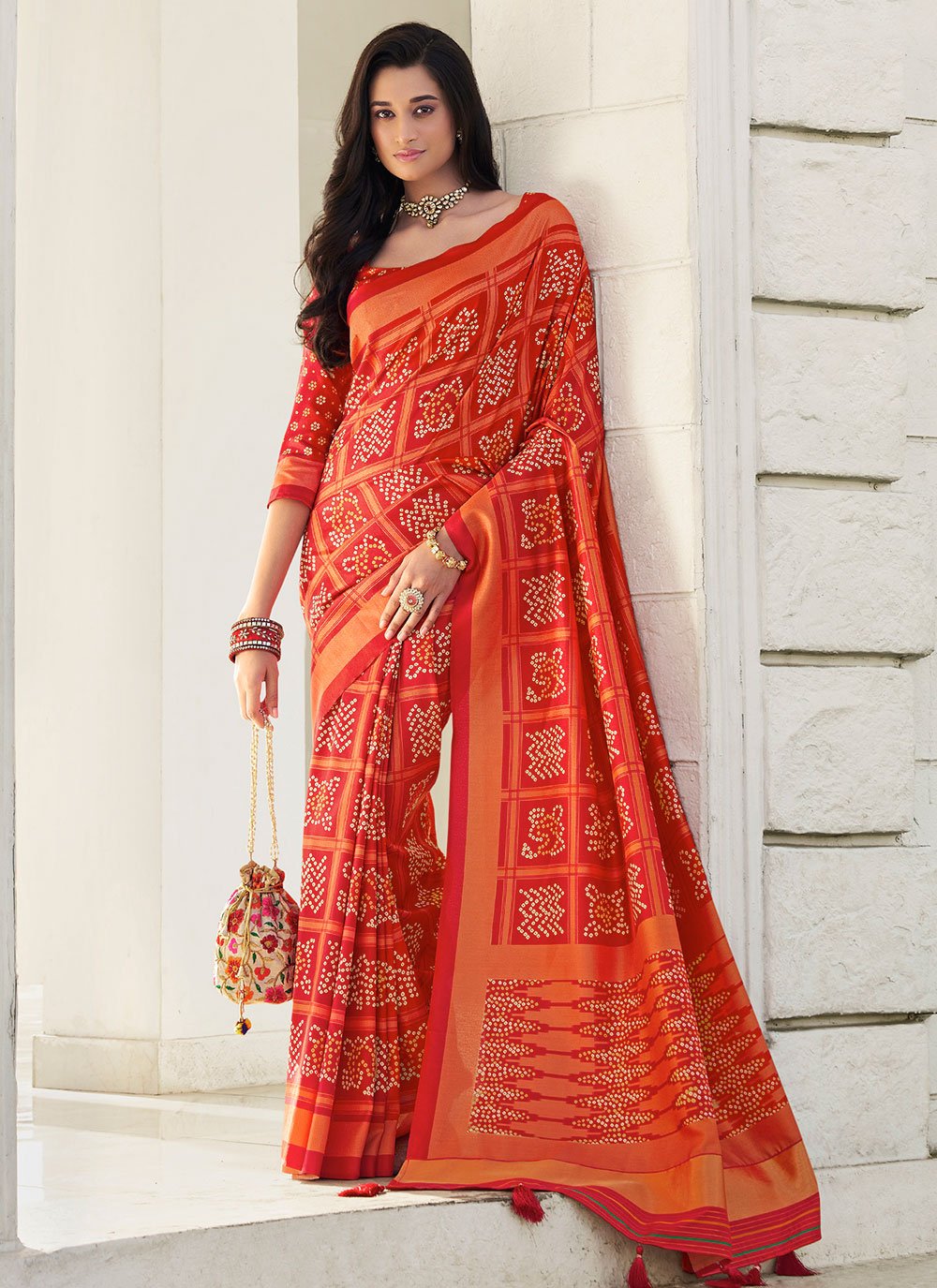 Classic Silk Orange Digital Print Saree