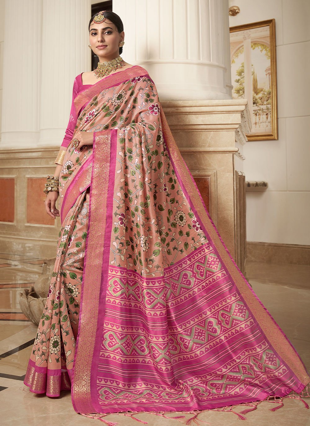 Classic Silk Peach Pink Digital Print Saree