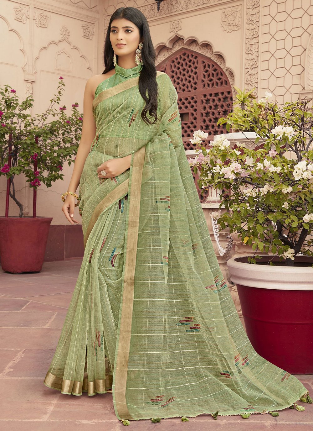 Designer Trendy Saree Organza Sea Green Print Saree