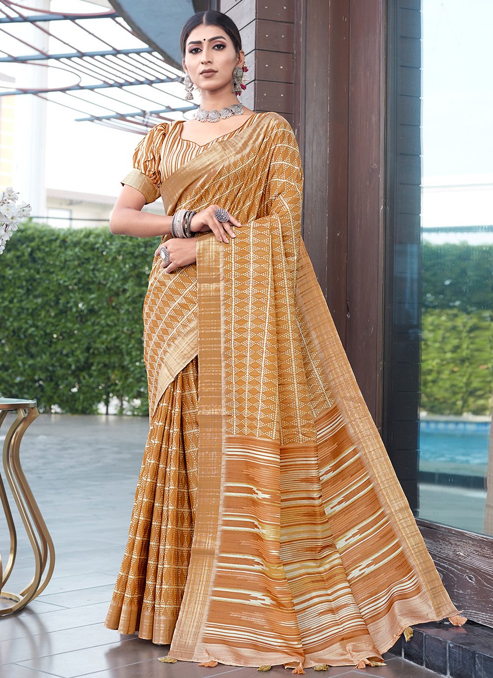 Classic Banarasi Silk Rust Digital Print Saree