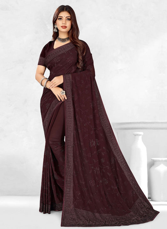 Classic Georgette Wine Embroidered Saree