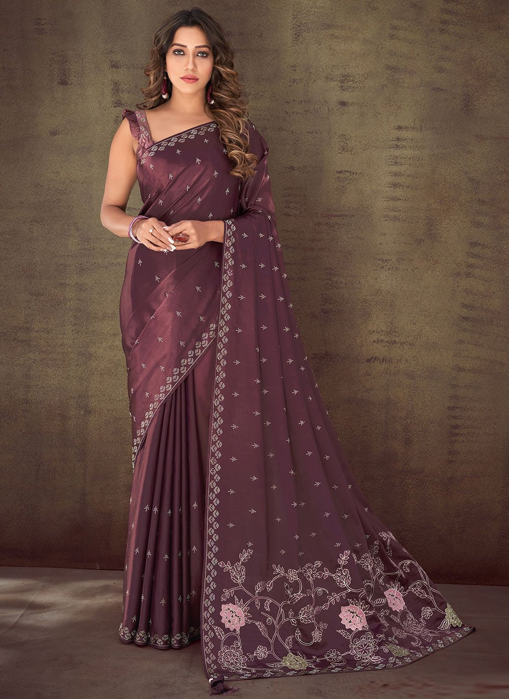 Classic Organza Silk Wine Embroidered Saree