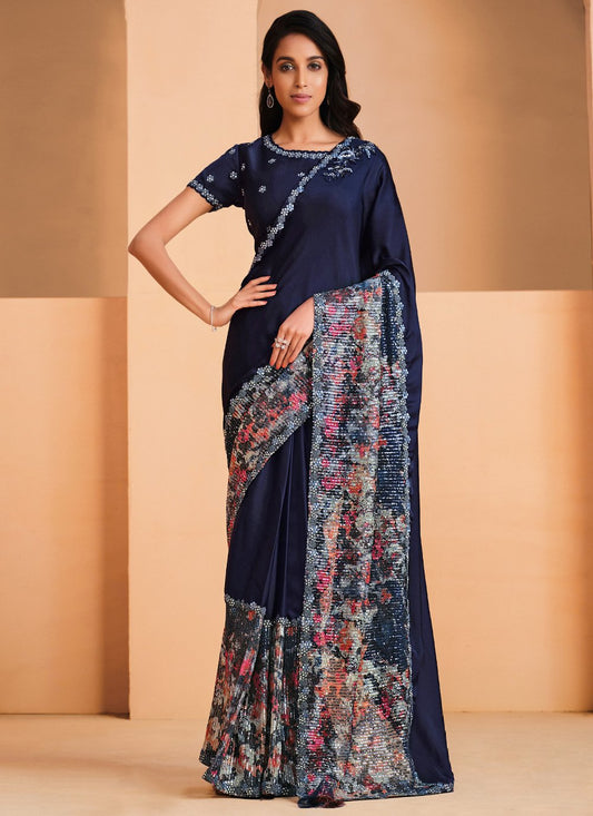 Trendy Saree Crepe Silk Satin Blue Embroidered Saree