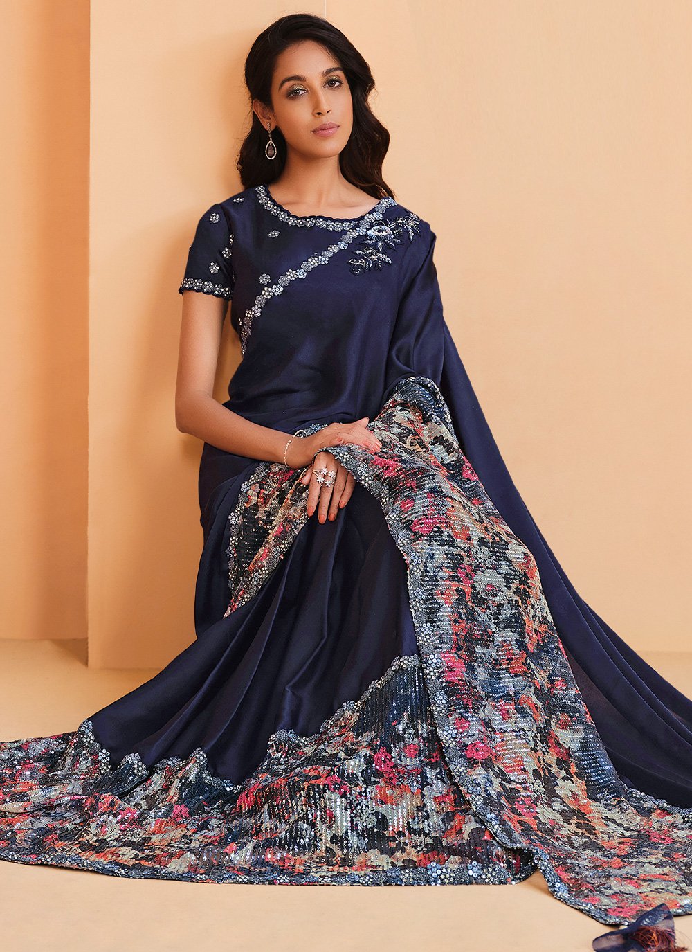 Trendy Saree Crepe Silk Satin Blue Embroidered Saree