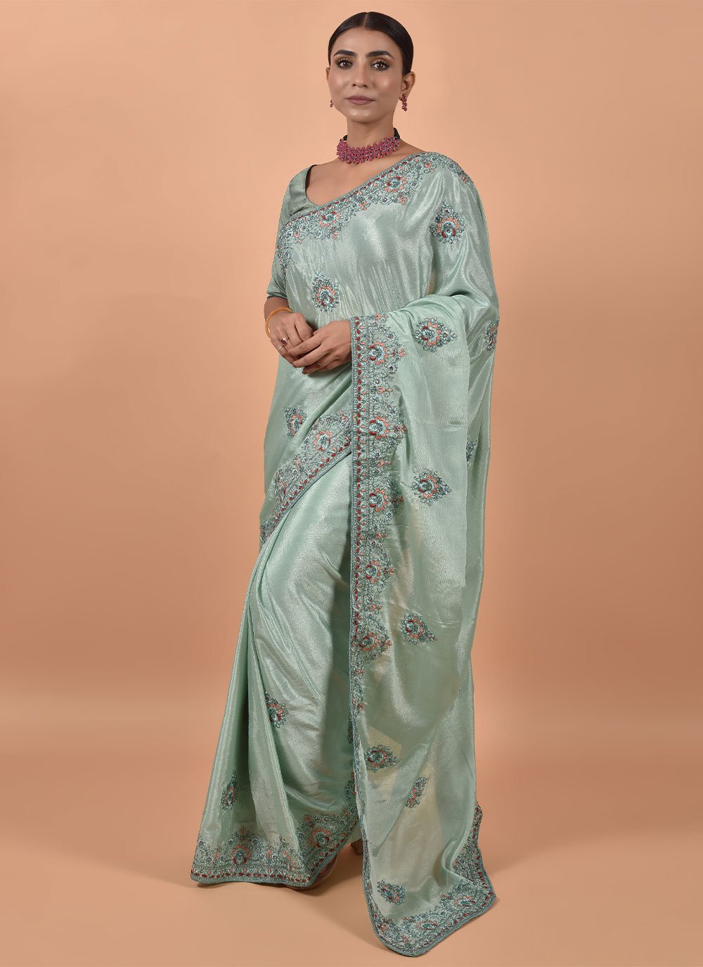 Classic Satin Sea Green Embroidered Saree