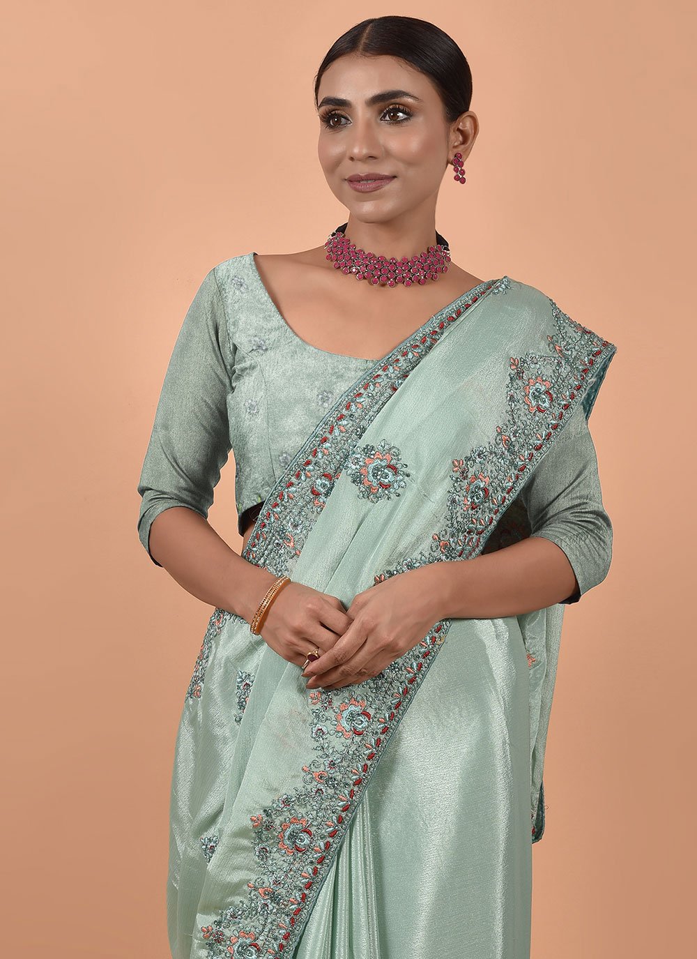 Classic Satin Sea Green Embroidered Saree