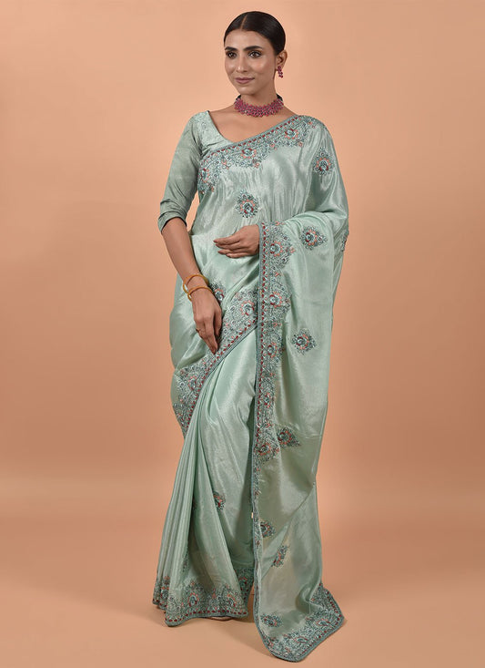 Classic Satin Sea Green Embroidered Saree