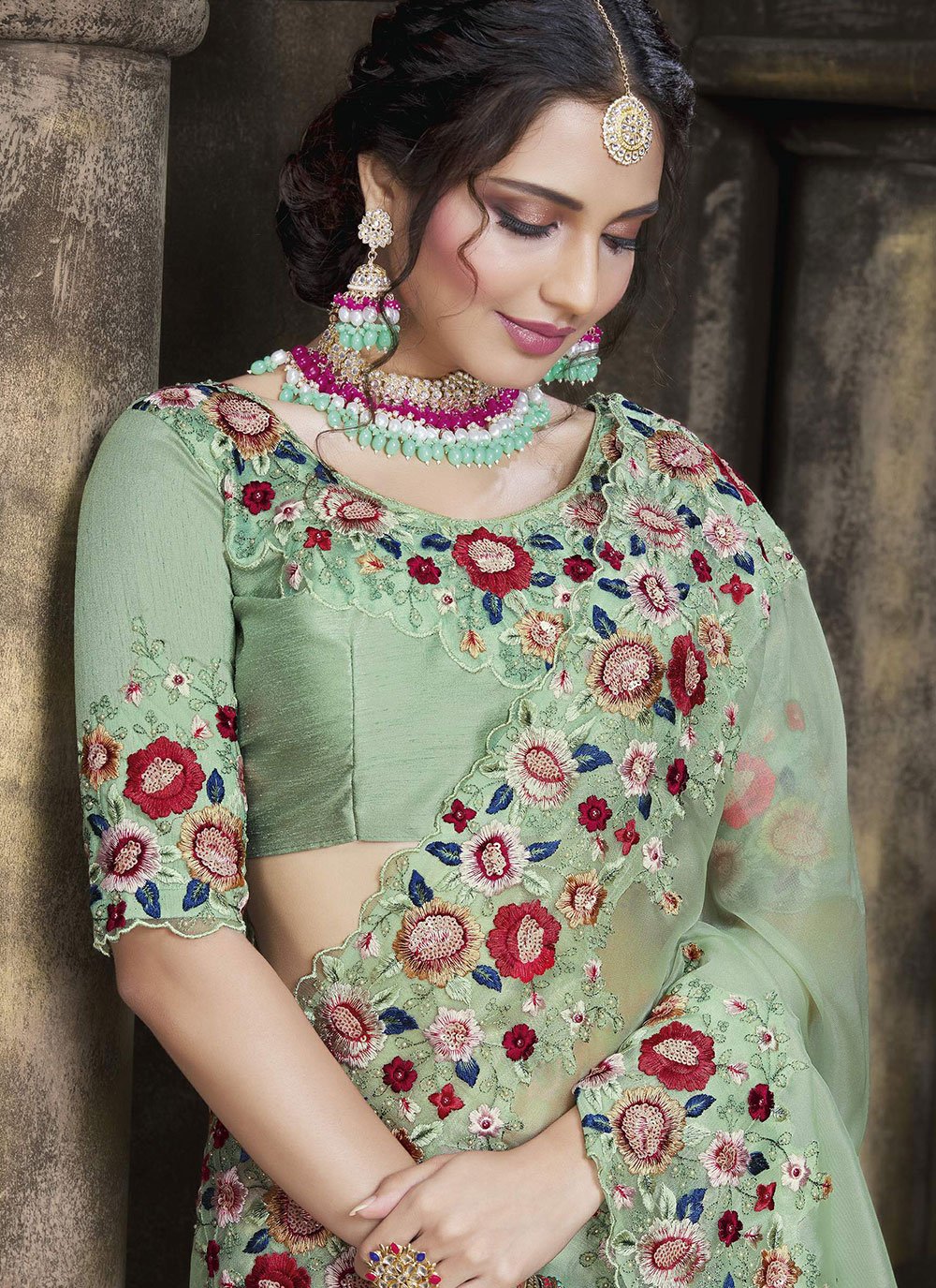 Classic Tissue Sea Green Embroidered Saree