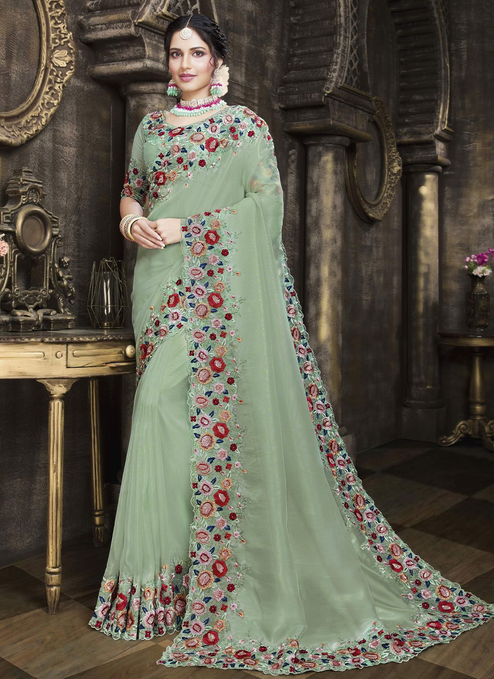 Classic Tissue Sea Green Embroidered Saree