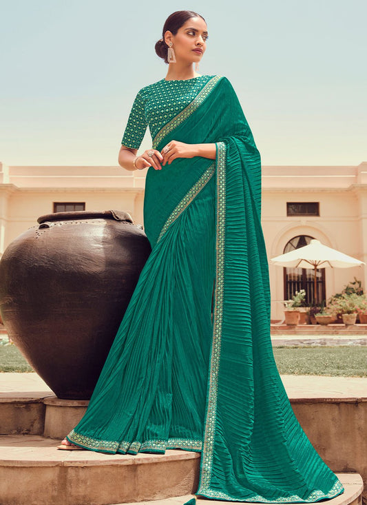 Trendy Saree Vichitra Silk Sea Green Embroidered Saree