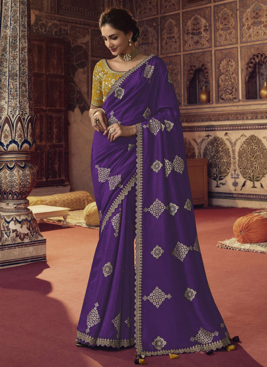 Classic Viscose Purple Embroidered Saree