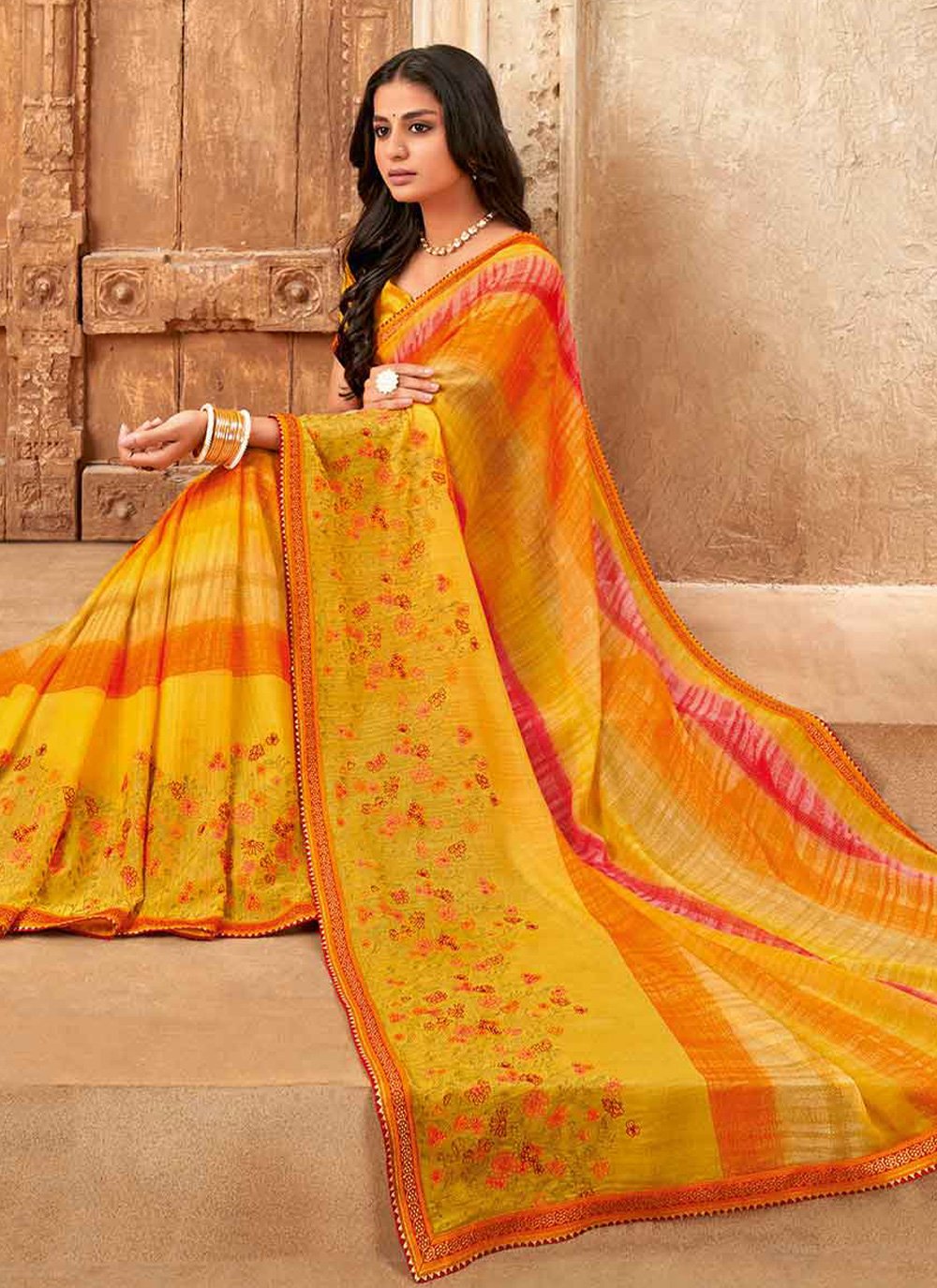 Classic Chiffon Multi Colour Fancy Work Saree